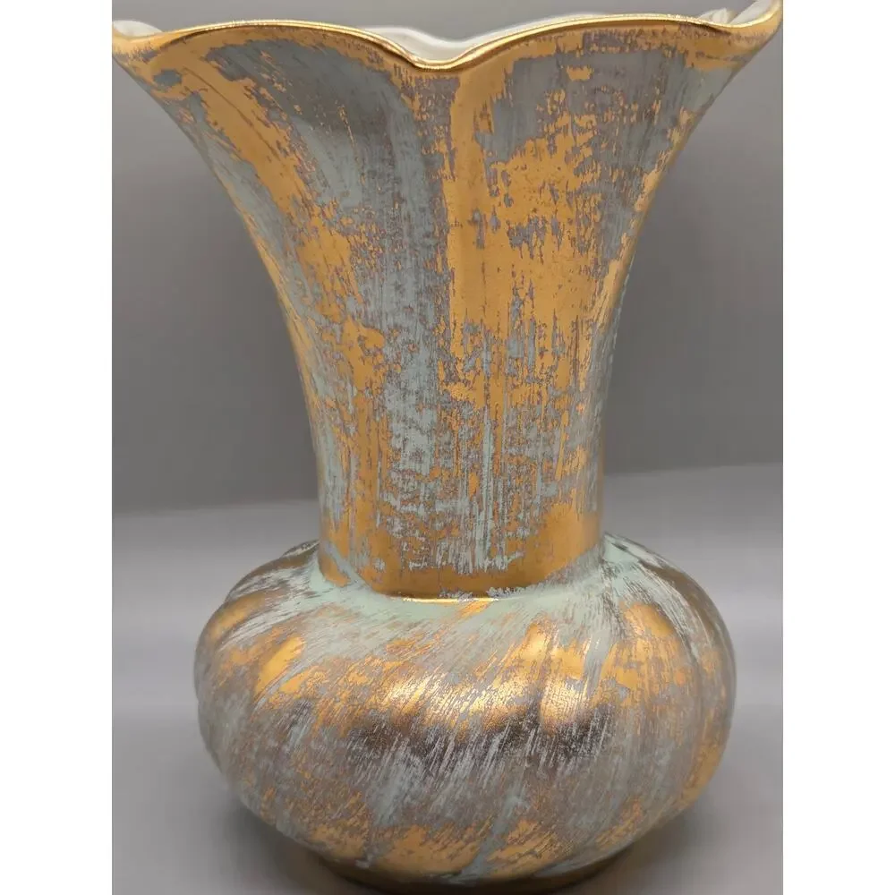 Vintage Stangl Pottery Vase Fluted Textured Aqua and brushed 22K gold overlay